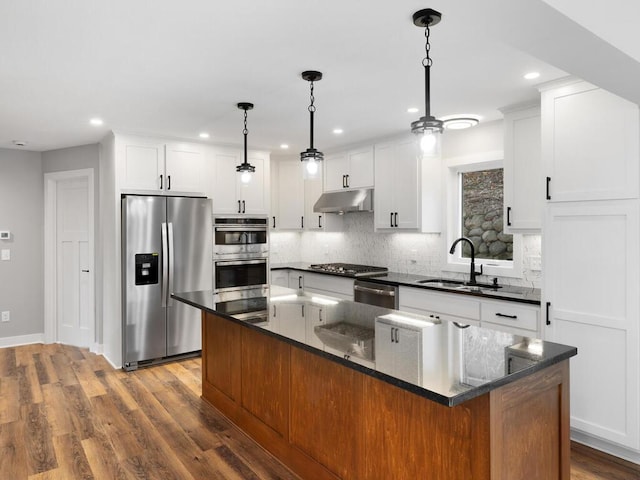 kitchen with appliances with stainless steel finishes, wood finished floors, a sink, under cabinet range hood, and backsplash