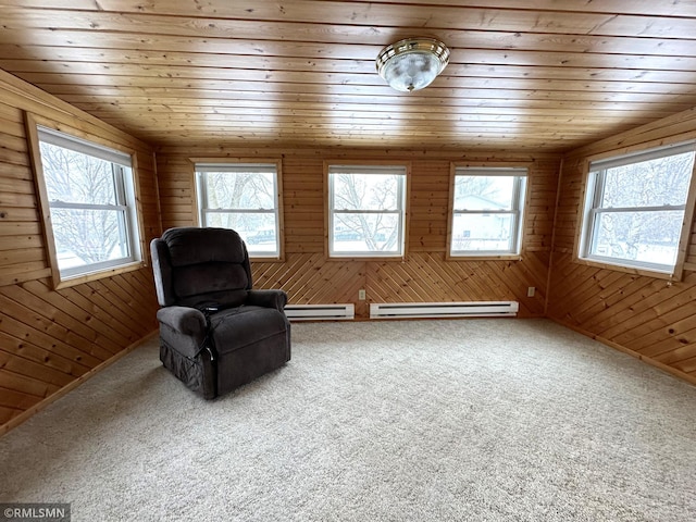 sitting room with carpet flooring, wood walls, wood ceiling, and a baseboard heating unit