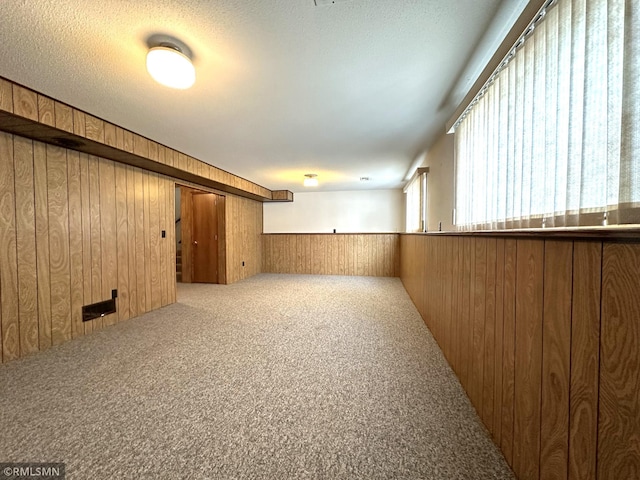 basement with carpet, a textured ceiling, and wood walls