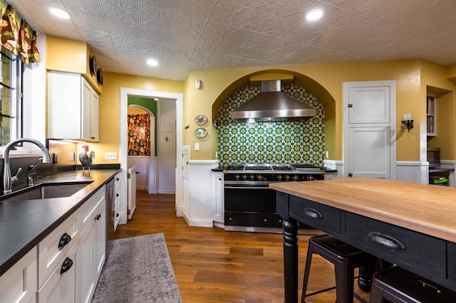 661 Market St, Winona, MN 55987 - kitchen with high end range oven, white cabinetry, wall chimney exhaust hood, and sink