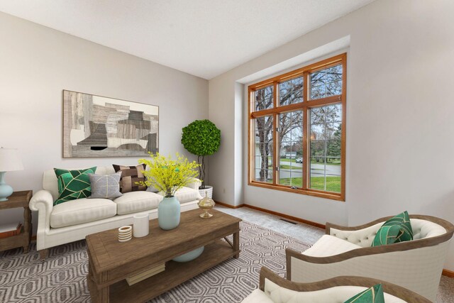 carpeted living room featuring baseboards, a healthy amount of sunlight, and visible vents