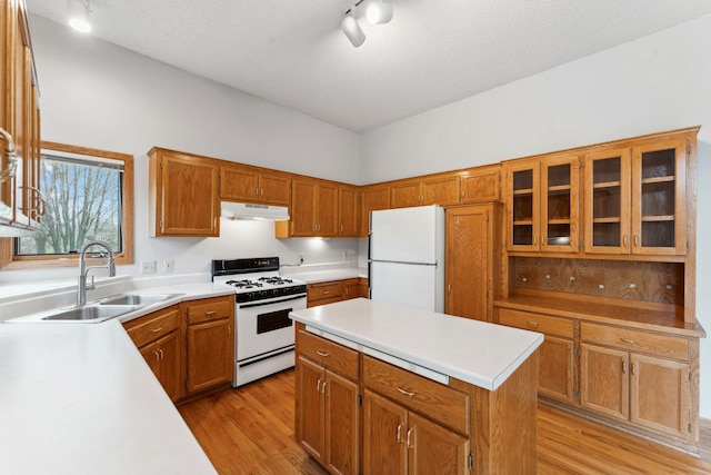 kitchen featuring a sink, white appliances, light countertops, light wood-type flooring, and under cabinet range hood