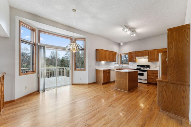 kitchen featuring white appliances, brown cabinets, under cabinet range hood, and a sink