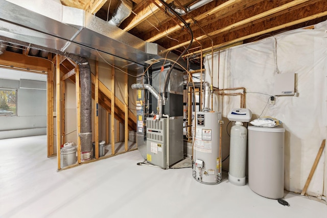 unfinished basement with water heater and heating unit