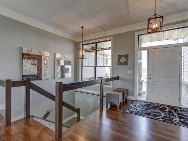 entrance foyer featuring a healthy amount of sunlight, wood finished floors, a chandelier, and crown molding