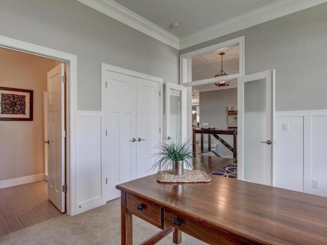 home office featuring light colored carpet, wainscoting, and ornamental molding