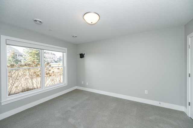 carpeted empty room with baseboards and a textured ceiling