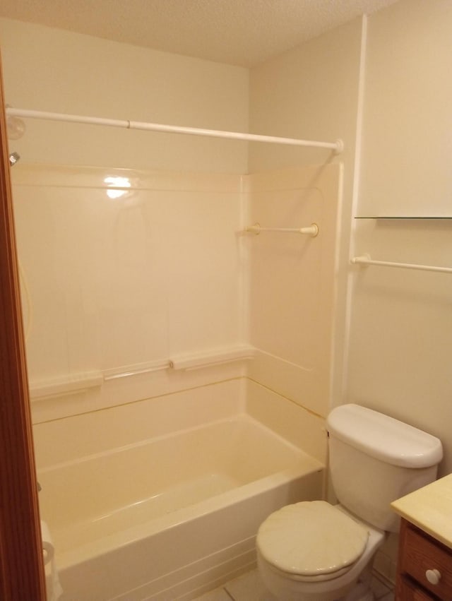 full bathroom featuring toilet, shower / tub combination, tile patterned flooring, a textured ceiling, and vanity