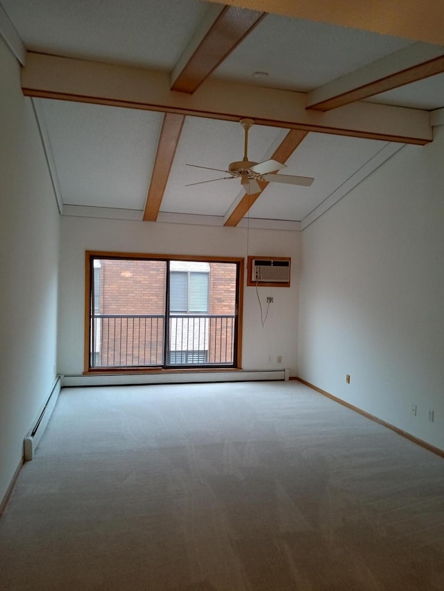 carpeted spare room featuring baseboard heating, ceiling fan, an AC wall unit, and lofted ceiling with beams