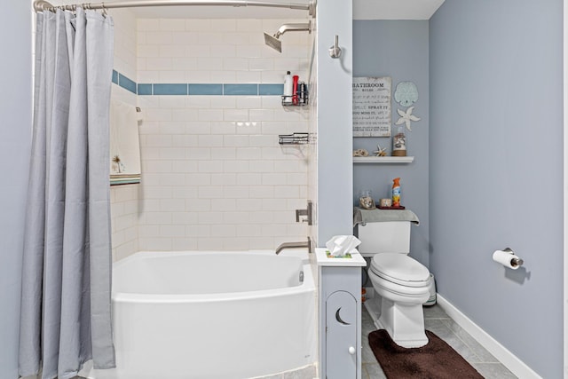 bathroom featuring tile patterned flooring, shower / bath combo, and toilet