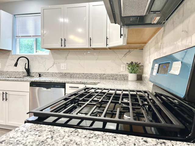 kitchen featuring light stone countertops, white cabinetry, sink, and stainless steel dishwasher