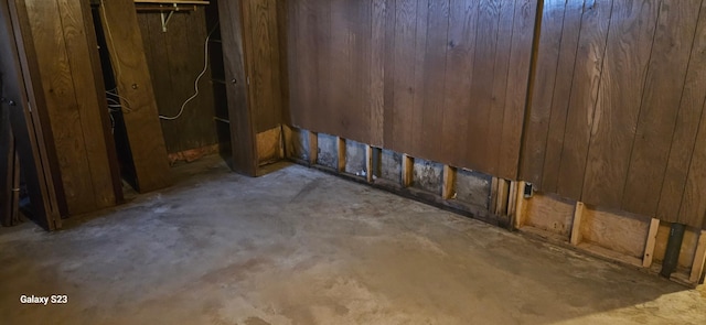 basement featuring wooden walls