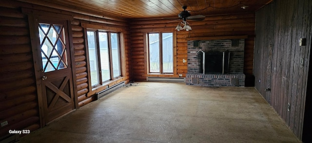 unfurnished living room featuring ceiling fan, a fireplace, wooden ceiling, and a baseboard heating unit