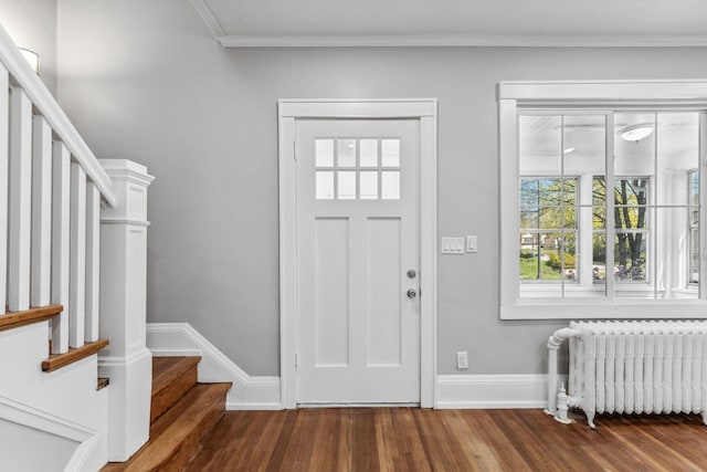 entryway with radiator heating unit, ornamental molding, and dark wood-type flooring