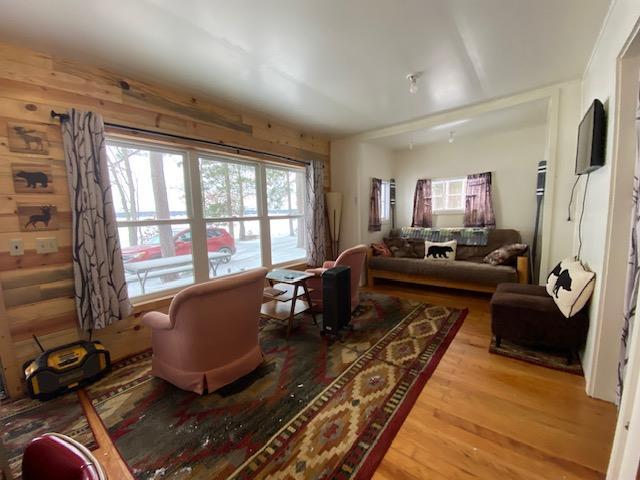 living area with wood walls, wood-type flooring, and a wealth of natural light