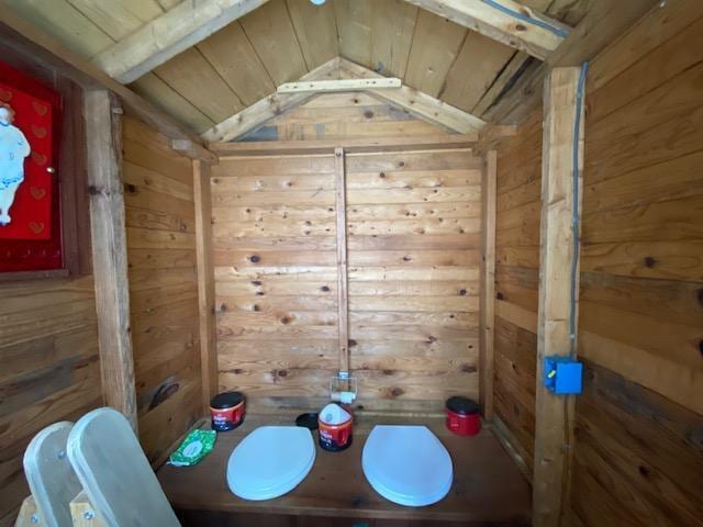 interior space with lofted ceiling with beams, wooden ceiling, and wooden walls