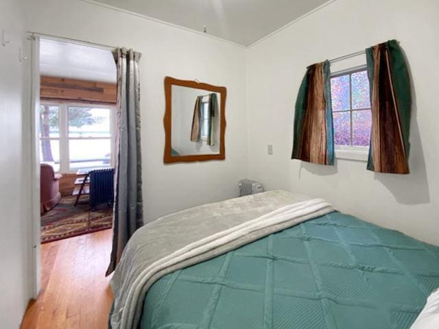 bedroom featuring radiator and light hardwood / wood-style floors