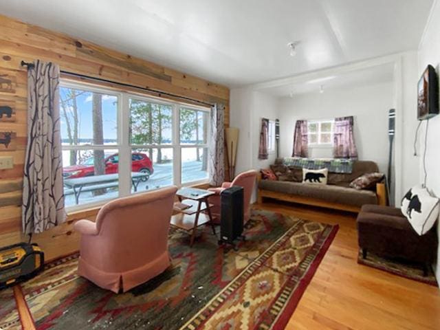 living area with hardwood / wood-style floors and wood walls