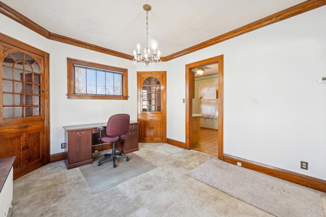 carpeted office space with crown molding and an inviting chandelier