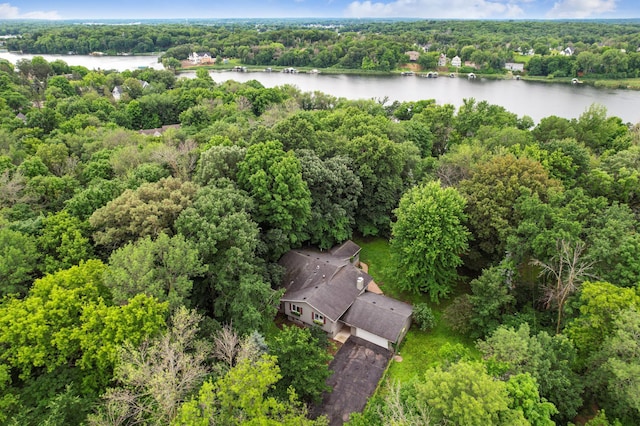 drone / aerial view with a water view