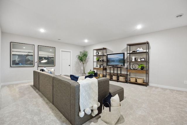 living room with light colored carpet