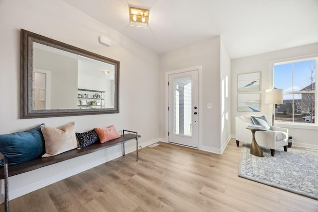 foyer entrance with a wealth of natural light and light hardwood / wood-style floors