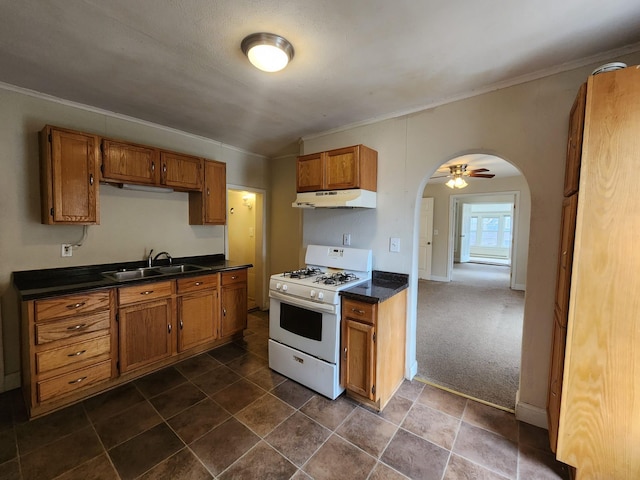 kitchen with dark colored carpet, ceiling fan, white gas stove, and sink