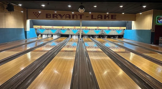 game room with a bowling alley