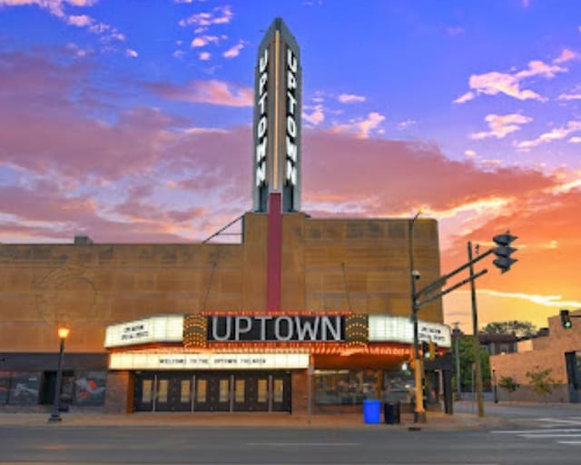 view of outdoor building at dusk