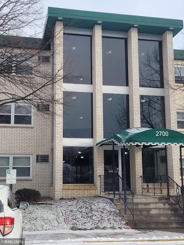 view of snow covered building