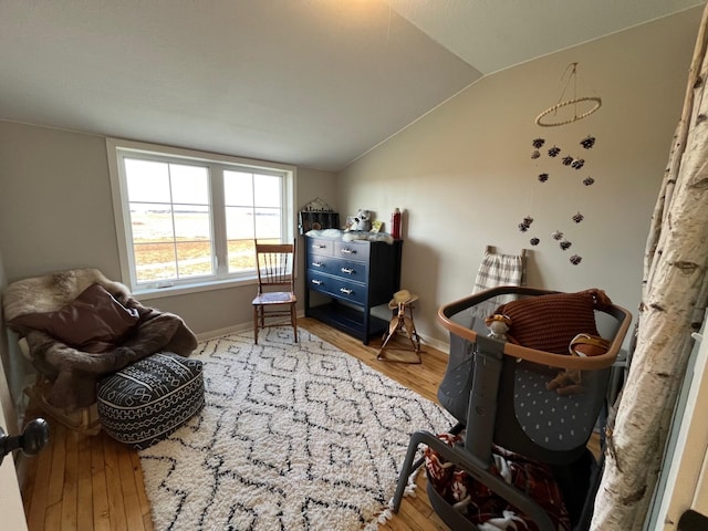 living area featuring light hardwood / wood-style flooring and lofted ceiling