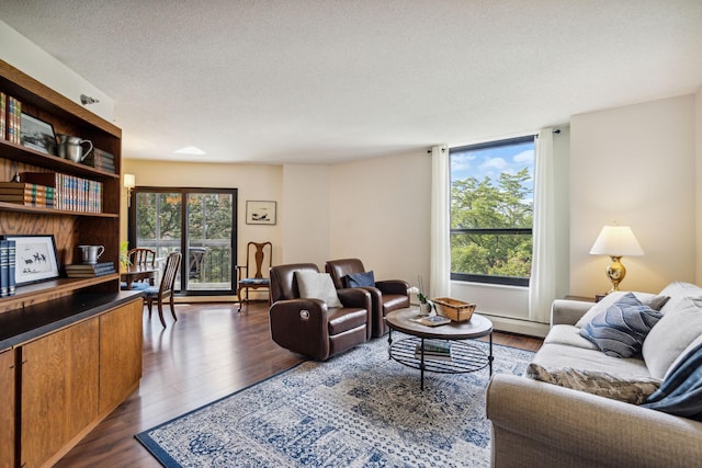 living room with a textured ceiling, plenty of natural light, and dark wood-type flooring