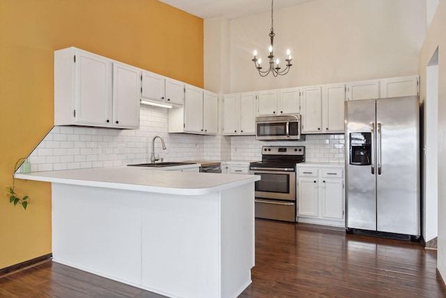 kitchen with pendant lighting, white cabinets, sink, appliances with stainless steel finishes, and tasteful backsplash