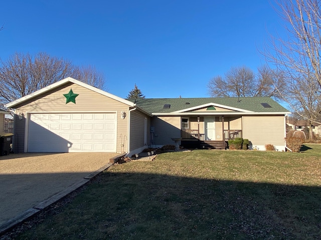 single story home with a front yard and a garage