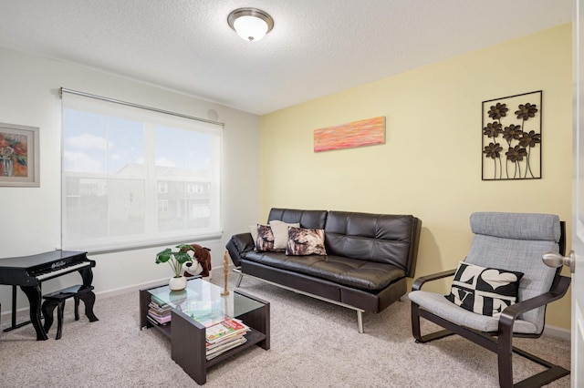 carpeted living room with a textured ceiling