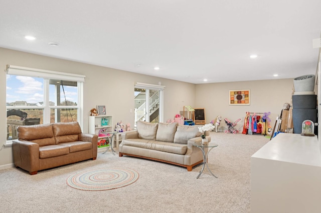 living room featuring light colored carpet