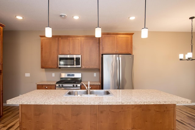 kitchen with wood finished floors, a kitchen island with sink, a sink, stainless steel appliances, and pendant lighting