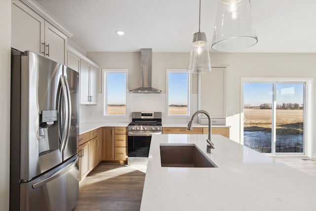 kitchen with appliances with stainless steel finishes, sink, backsplash, hanging light fixtures, and wall chimney exhaust hood