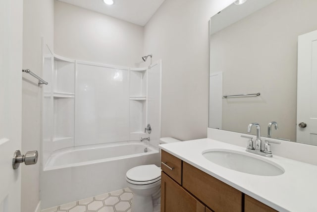 full bathroom with shower / bathtub combination, vanity, and toilet