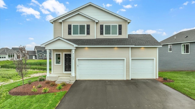 view of front of property featuring a front yard and a garage