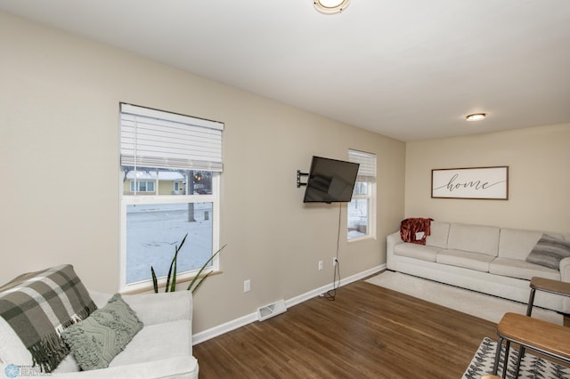 living room featuring dark wood-type flooring