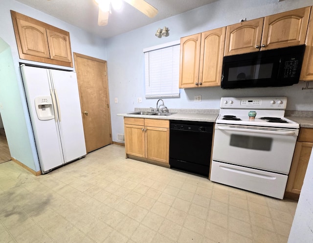 kitchen featuring sink, ceiling fan, and black appliances