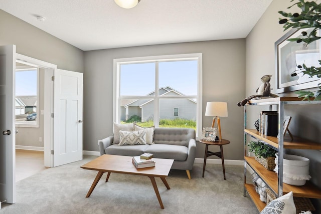 living area with light carpet and a textured ceiling