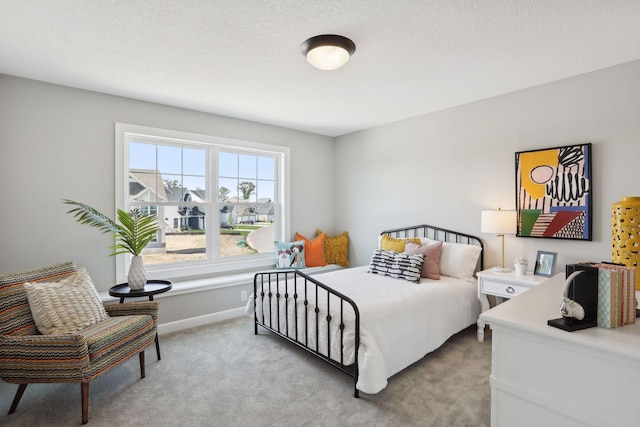 carpeted bedroom with a textured ceiling