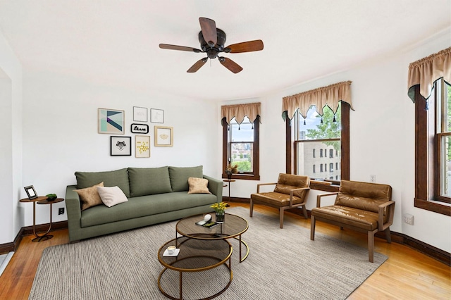 living room with ceiling fan and light wood-type flooring