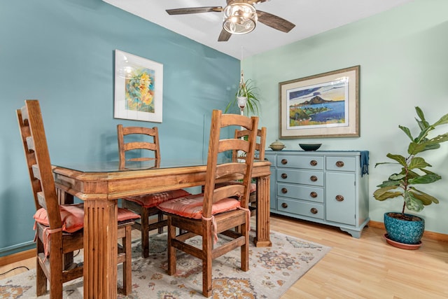 dining space with ceiling fan and light hardwood / wood-style floors