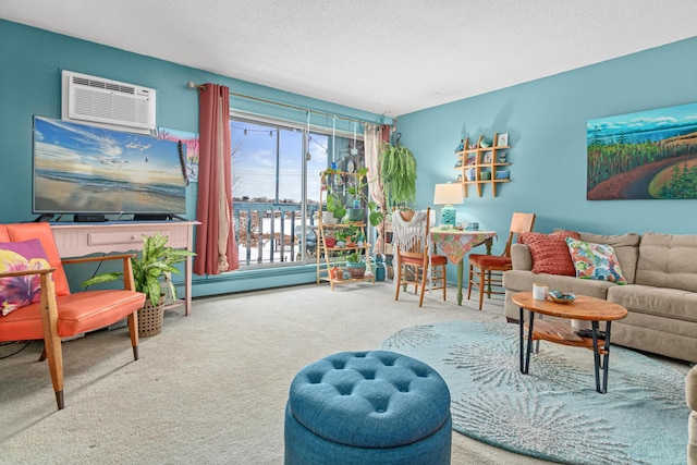 living room featuring carpet flooring, a textured ceiling, and a baseboard heating unit