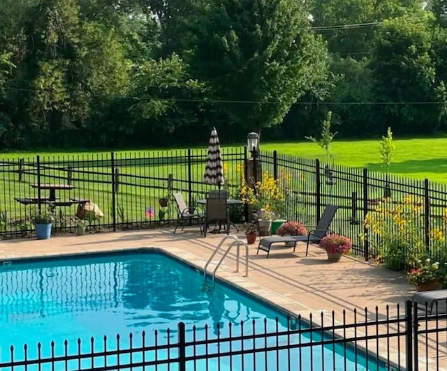 view of swimming pool with a patio and a yard