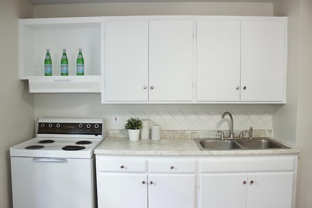 kitchen featuring white cabinetry, sink, white range with electric cooktop, extractor fan, and decorative backsplash