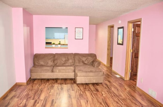 living room featuring wood-type flooring and a textured ceiling